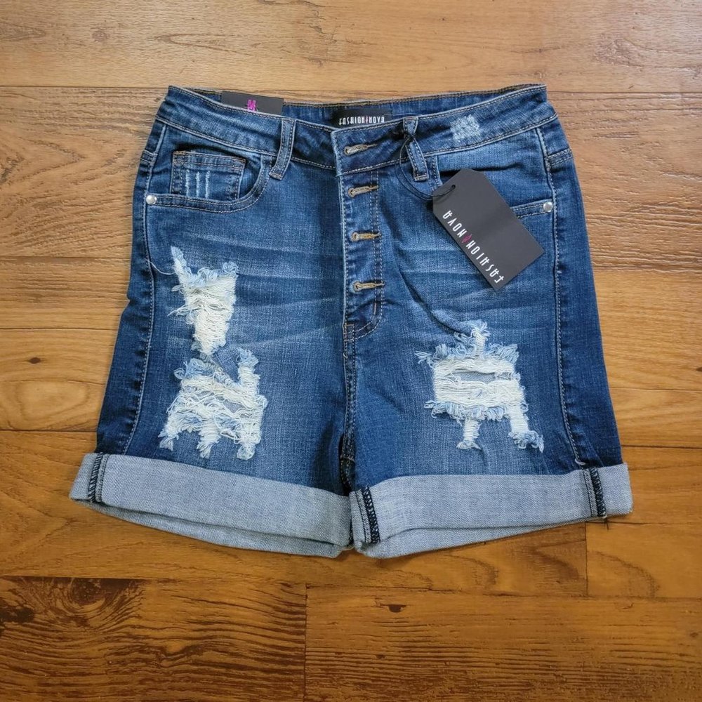Fashion Nova High Waist Distressed Denim Shorts - Size M